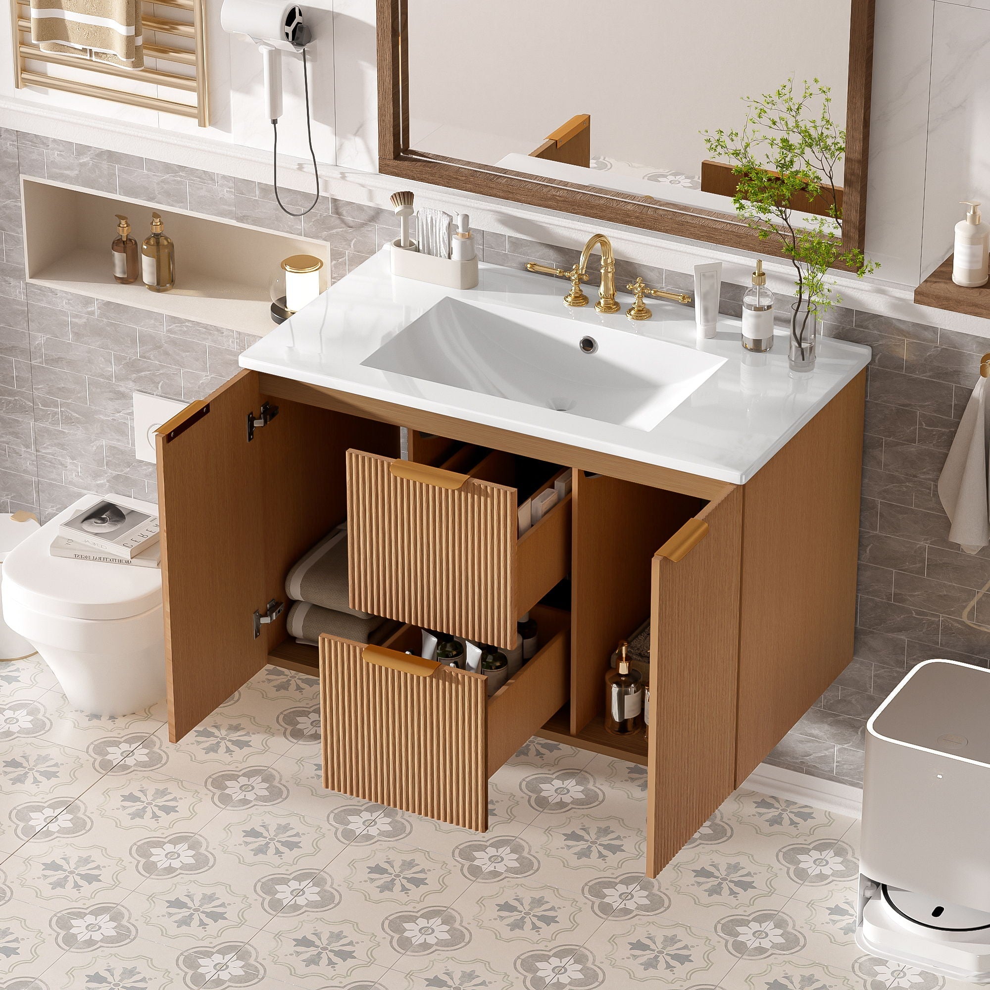 Modern Wall Mounted Bathroom Vanity, Soft Close Doors