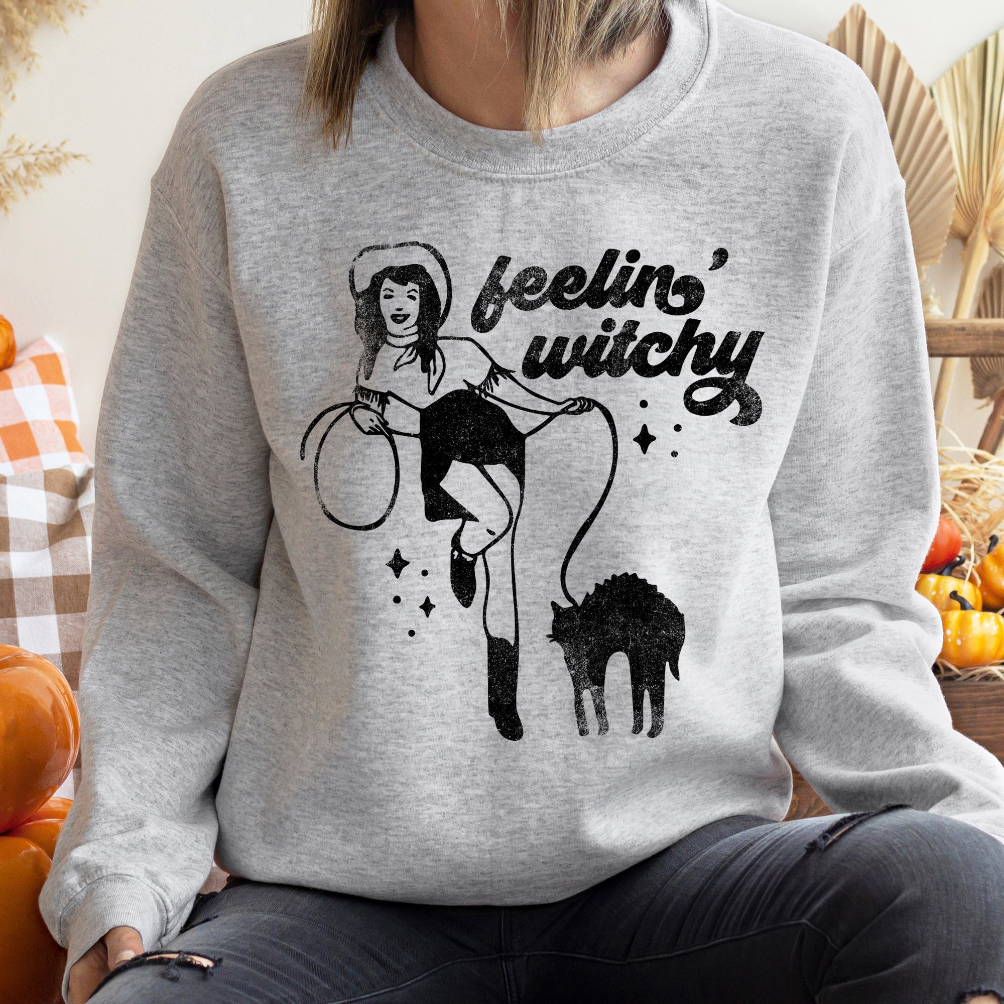 Feeling Witchy Halloween Cozy Nighttime Vibes Soft Cotton Blend Fleece Sweatshirt
