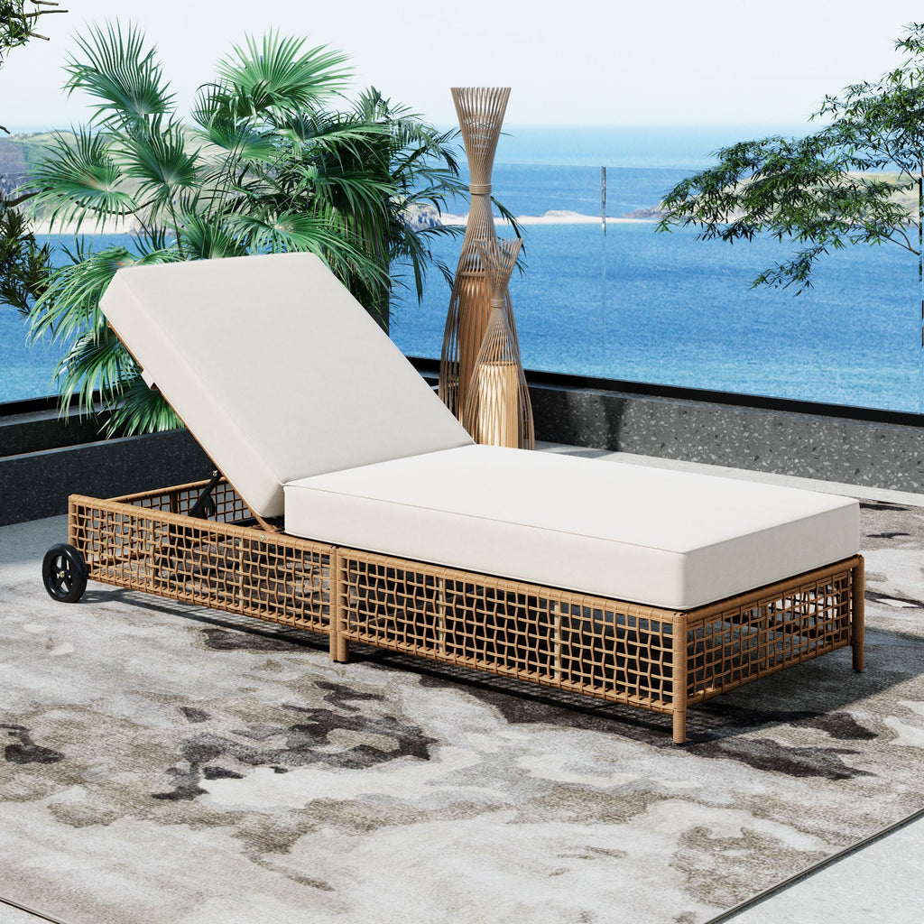 Outdoor Lounge Chair With 5 Position Backrest With Cushion And Wheels