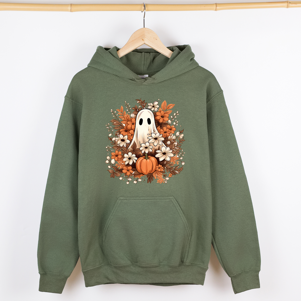 Floral Ghost Vintage Halloween Witch Spooky Raven Crow Artwork Moonlit Shadows Graphic Hoodie