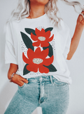 Boho Red Flowers And Leaves Botanical Floral Print Artwork Edition Comfort Colors Tee