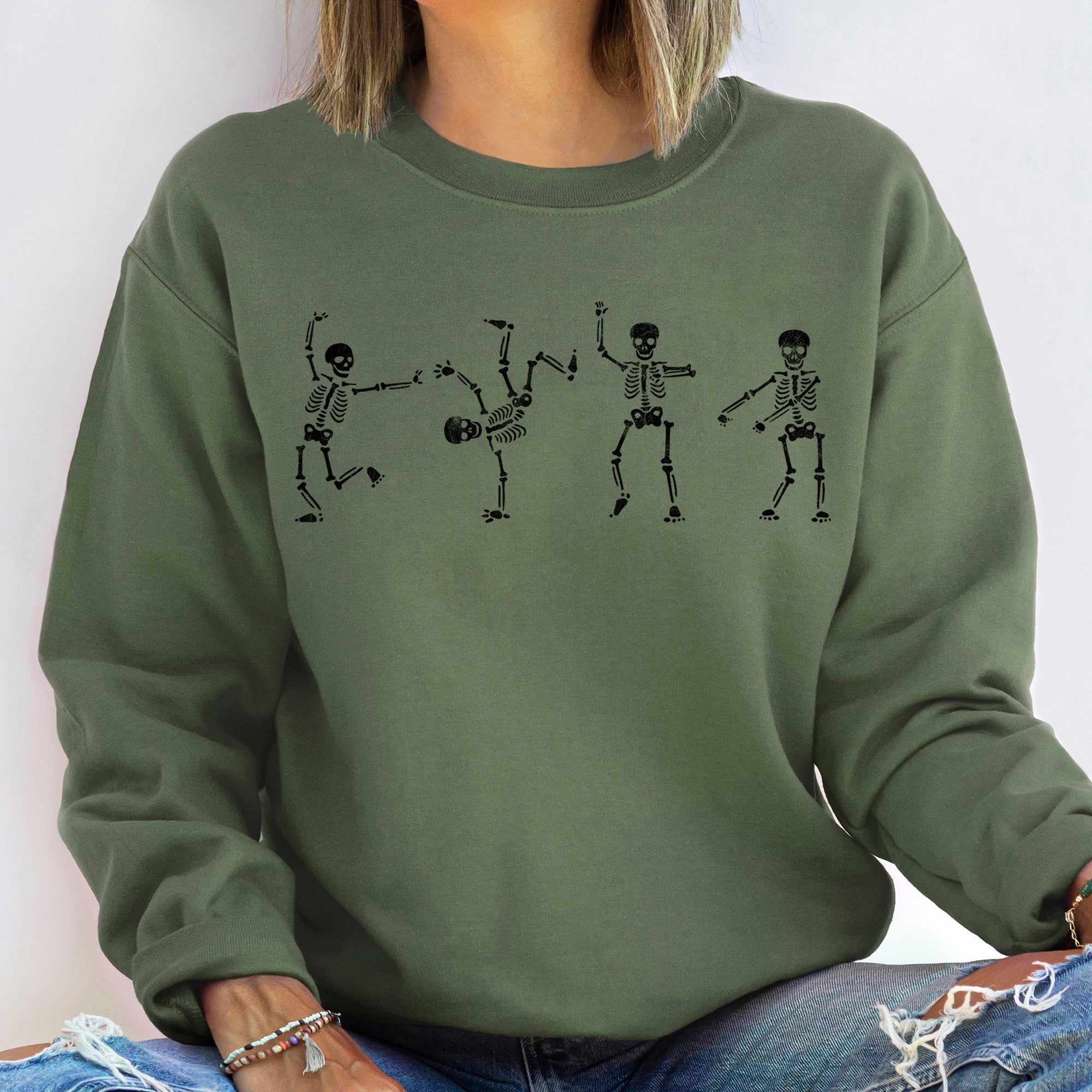 Flossing Skeletons Halloween Party Edition Glow In The Dark Graphic Cozy Sweatshirt