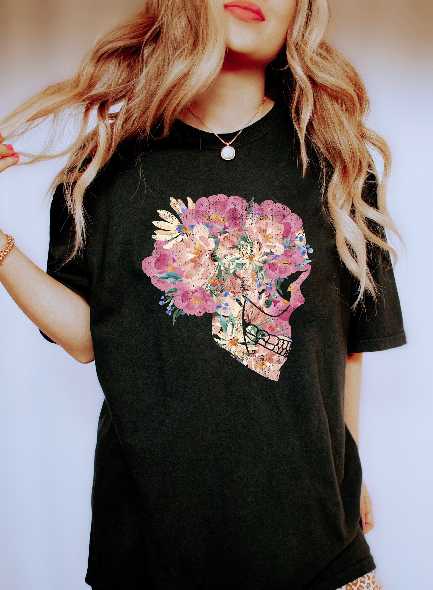 Flowers And Skull Floral Day Of The Dead Skull Art Graphic Print Comfort Colors Tee