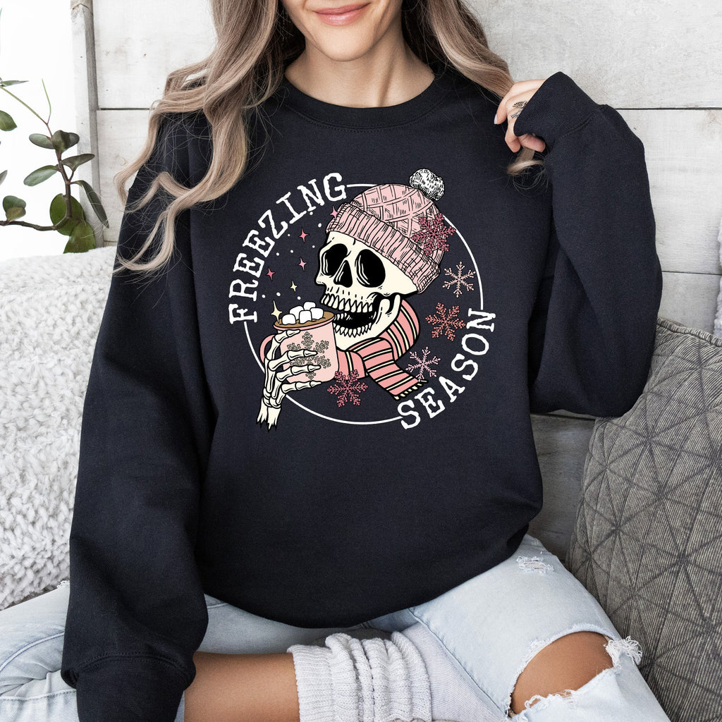 Freezing Season Skeleton Graphic Illustration With Frosty Night Winter Scene Sweatshirt