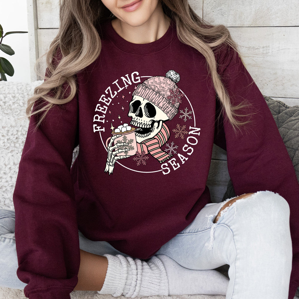Freezing Season Skeleton Graphic Illustration With Frosty Night Winter Scene Sweatshirt