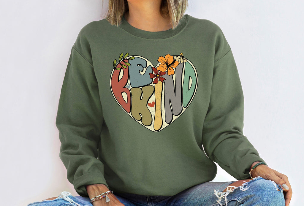 Be Kind Heart and Flowers Positivity Cozy Vintage Inspired Retro Sweatshirt With Positive Message
