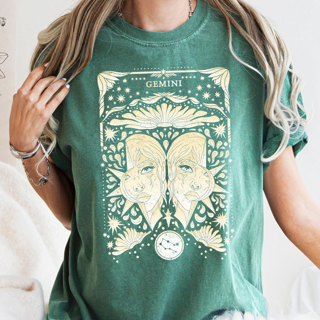 Gemini Celestial Zodiac Horoscope Astrology Constellation Glyph Moon Phase Graphic Comfort Colors Tee