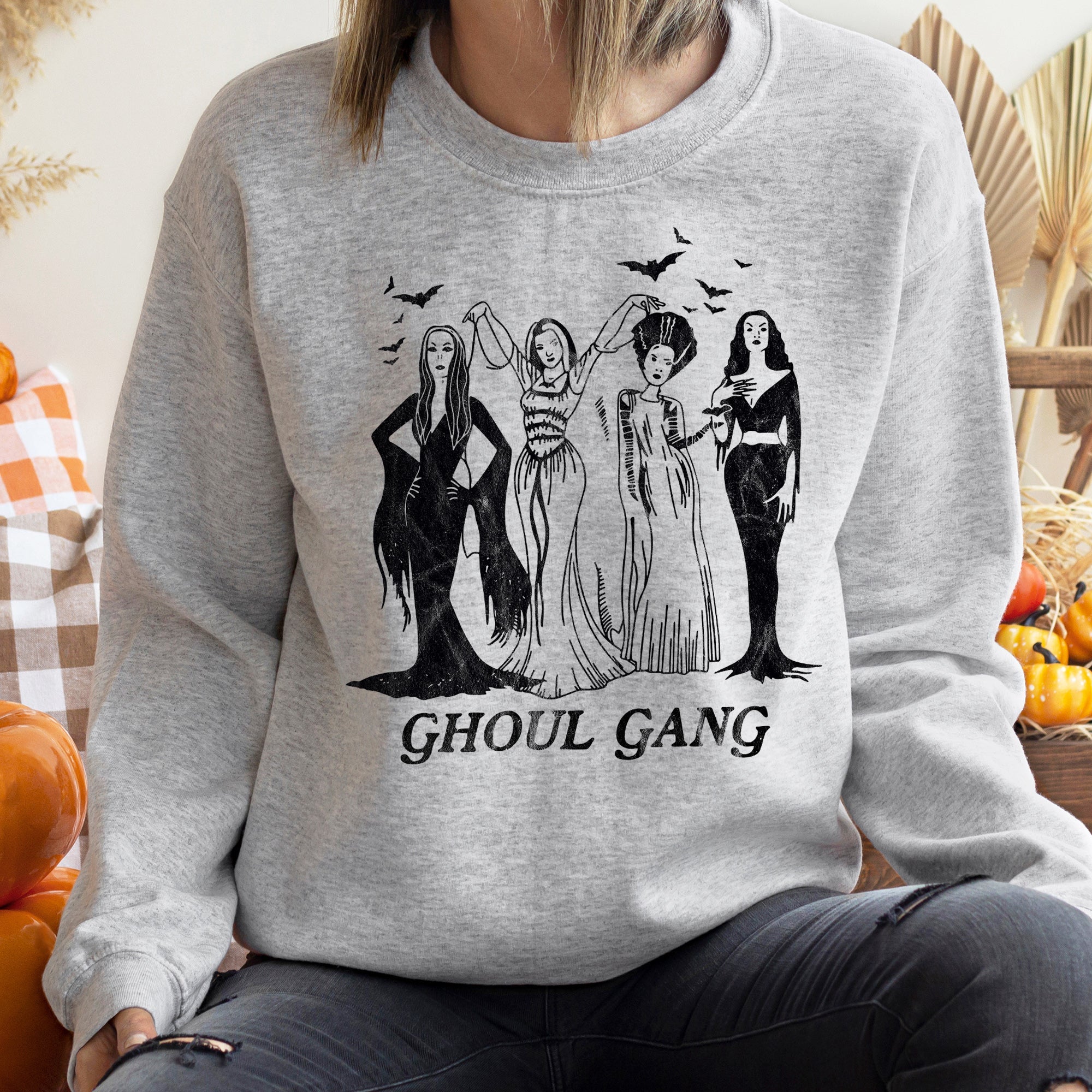 Ghoul Gang Halloween Nighttime Spectral Scene Illustration With Haunted Elements In Vintage Grunge Style Sweatshirt