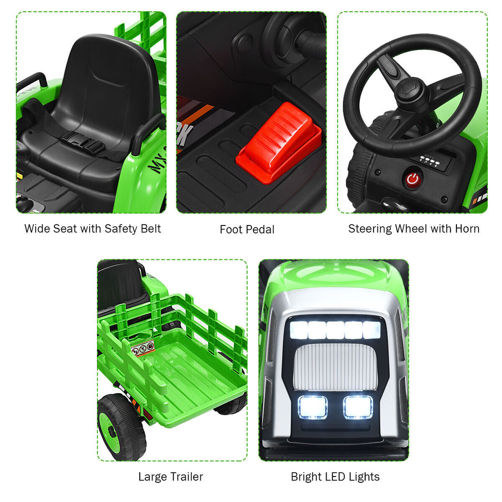 Green 12V Kids Ride On Tractor Trailer with RC Control and Lights
