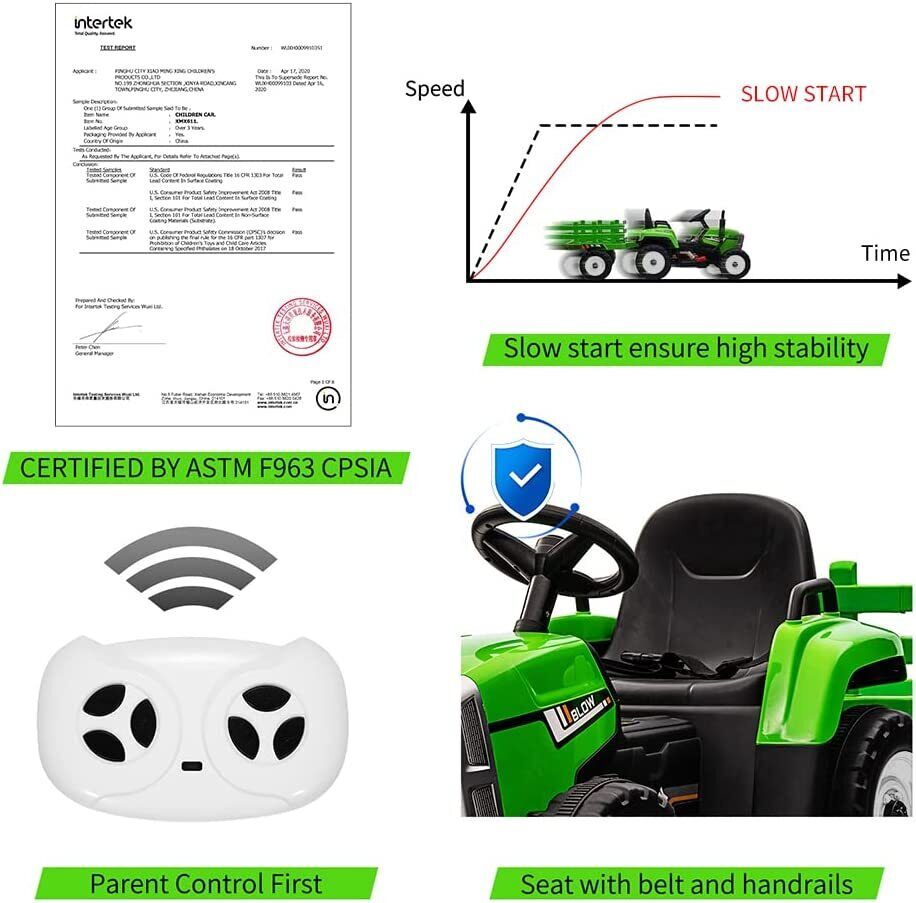 Green 12V Ride-On Tractor with Trailer and Remote Control for Kids, Featuring LED Headlights