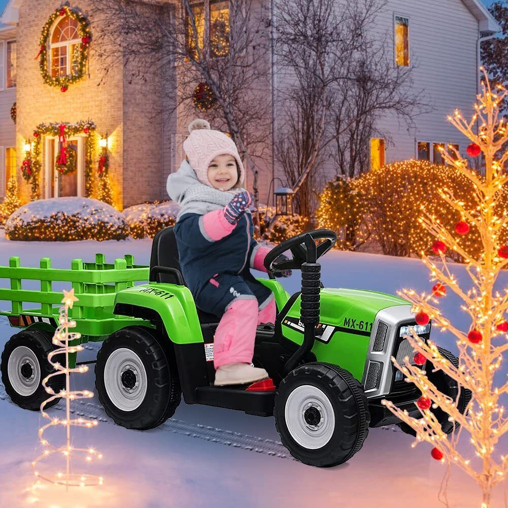 Green 12V Ride-On Tractor with Trailer and Remote Control for Kids, Featuring LED Headlights
