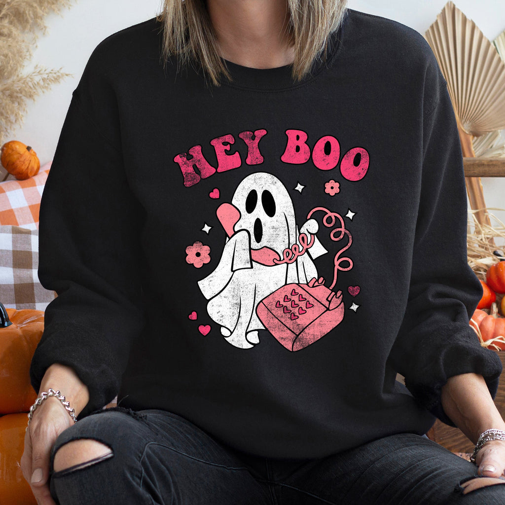 Hey Boo Vintage Halloween Spooky Night Cozy Fleece Graphic Print Inspired Premium Sweatshirt