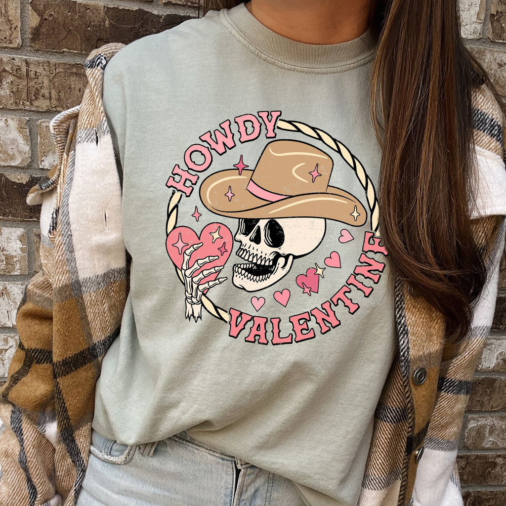 Howdy Valentine Skeleton Cowboy Western Country Heartfelt Love Theme Rustic Cowboy Romance Range Comfort Colors Tee
