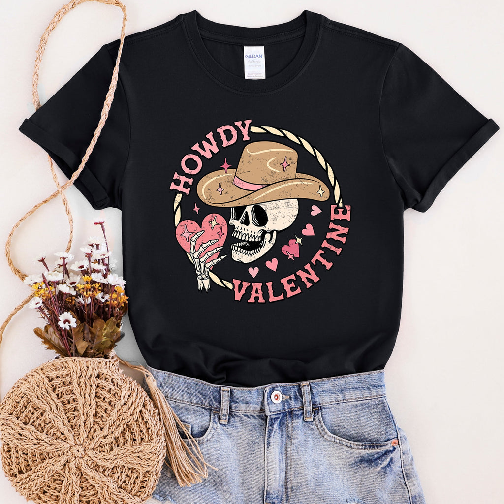 Howdy Valentine Skeleton Cowboy Western Country Retro Heart Cactus Scene Valentine's Day Graphic Tee