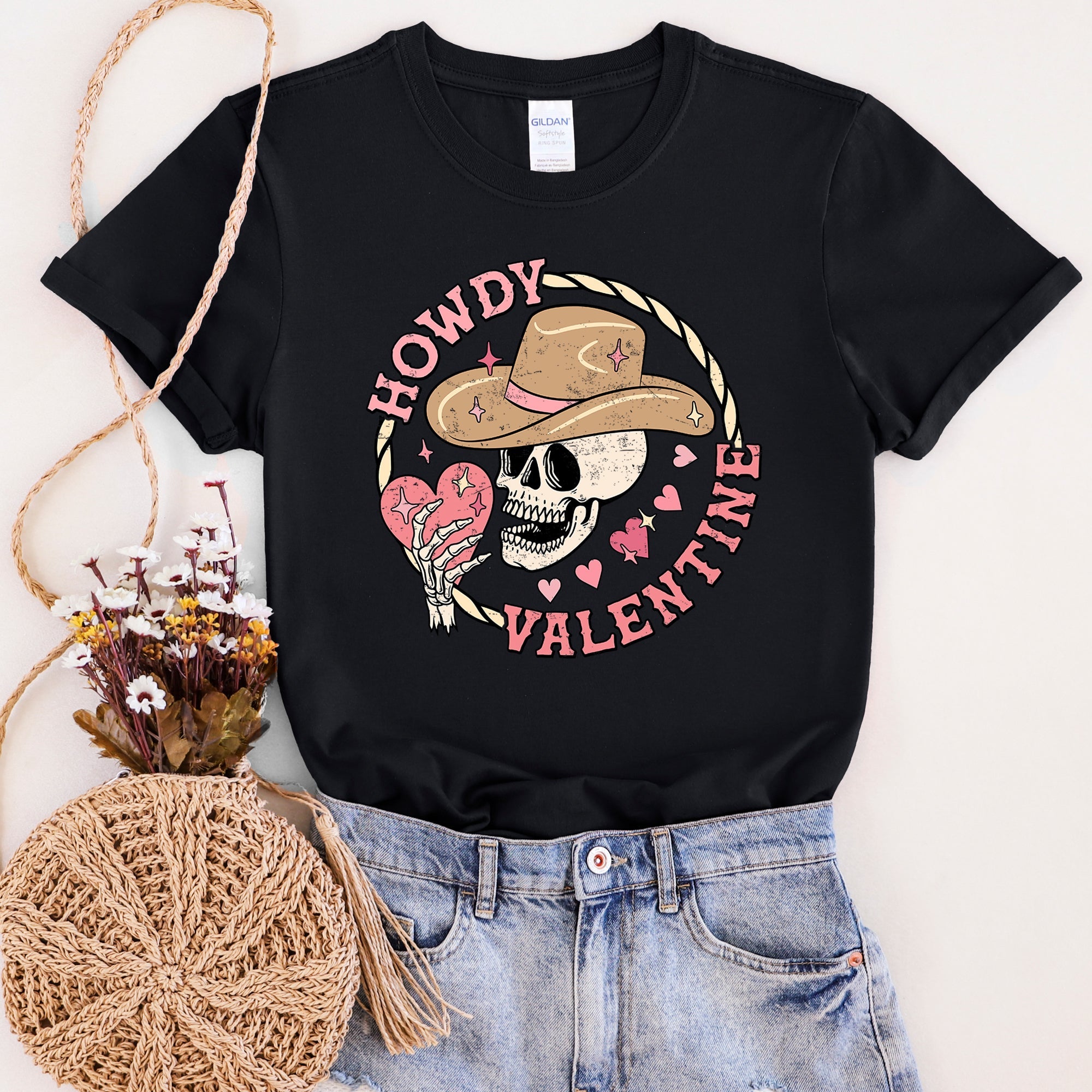 Howdy Valentine Skeleton Cowboy Western Country Retro Heart Cactus Scene Valentine's Day Graphic Tee