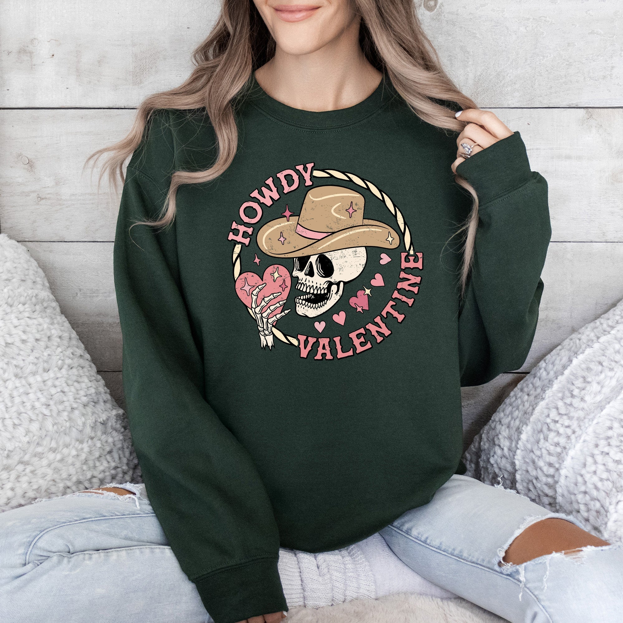 Howdy Valentine Skeleton Cowboy Western Country Festive Romance Graphic Sweatshirt