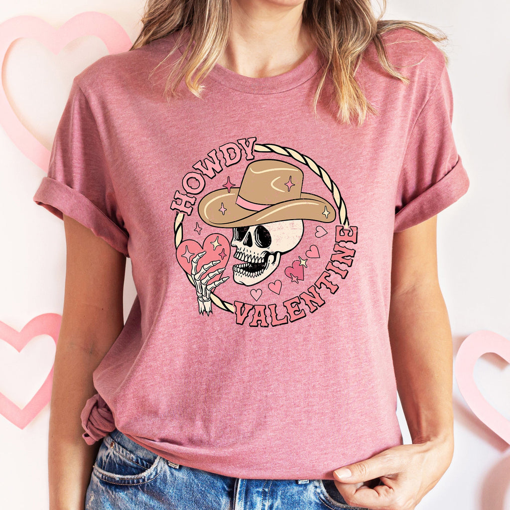 Howdy Valentine Skeleton Cowboy Western Country Retro Heart Cactus Scene Valentine's Day Graphic Tee