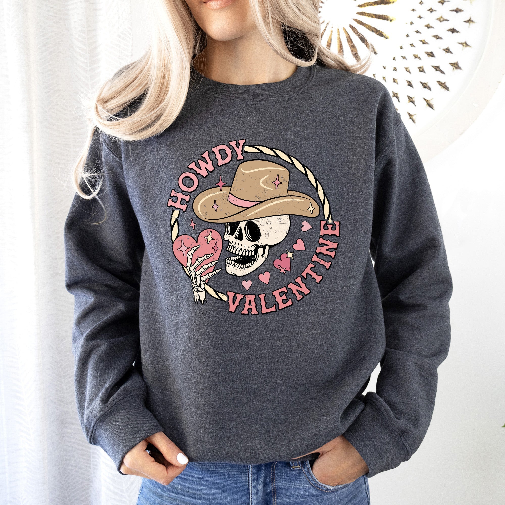 Howdy Valentine Skeleton Cowboy Western Country Festive Romance Graphic Sweatshirt