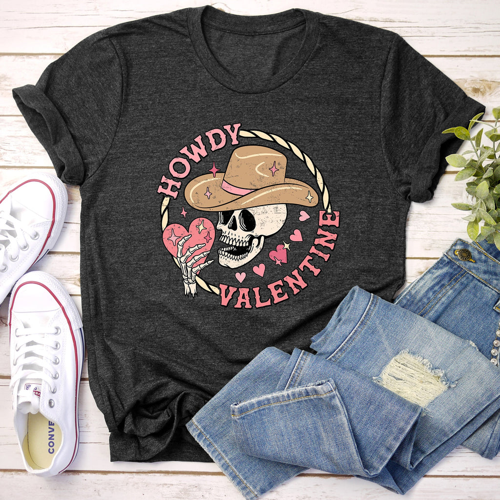 Howdy Valentine Skeleton Cowboy Western Country Retro Heart Cactus Scene Valentine's Day Graphic Tee