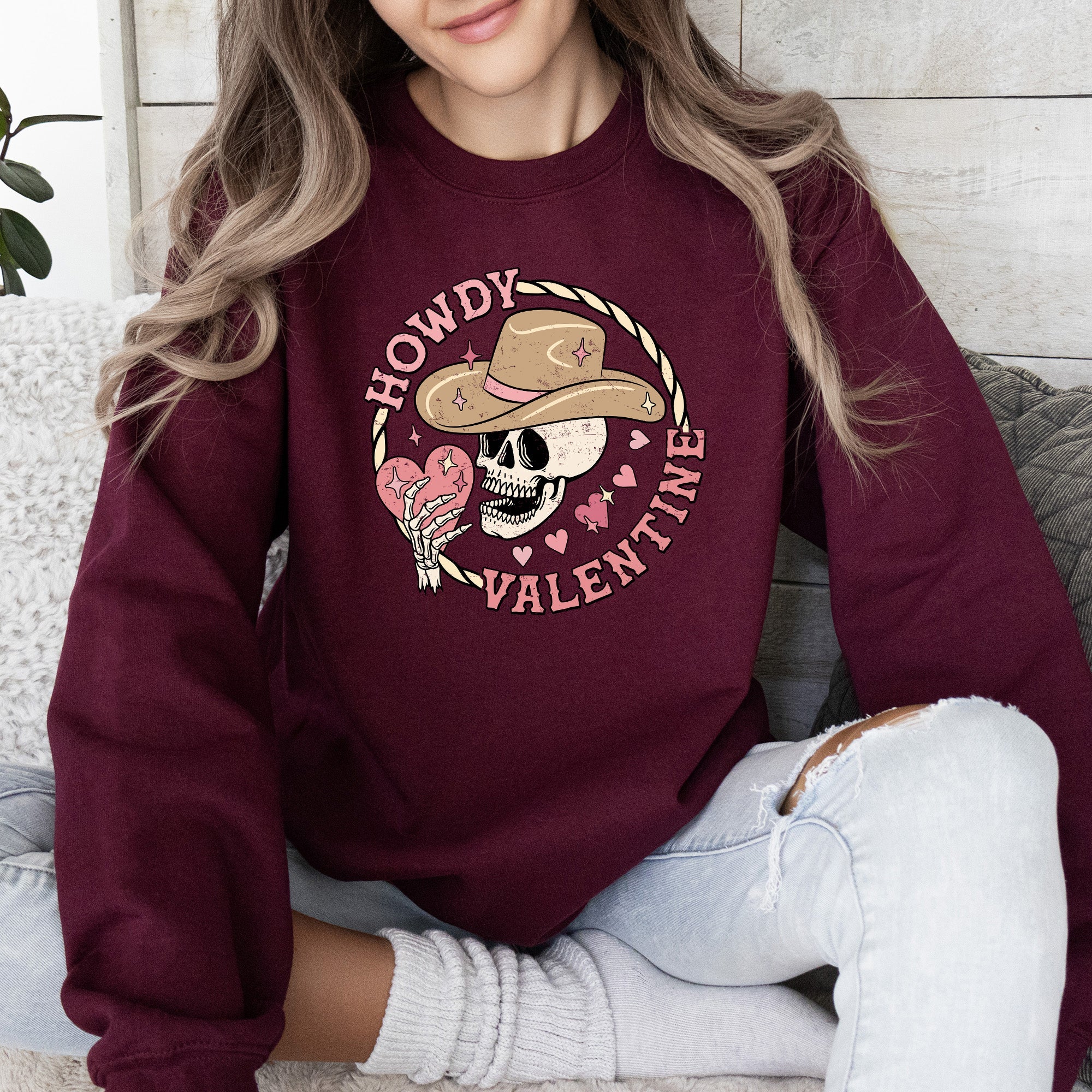 Howdy Valentine Skeleton Cowboy Western Country Festive Romance Graphic Sweatshirt
