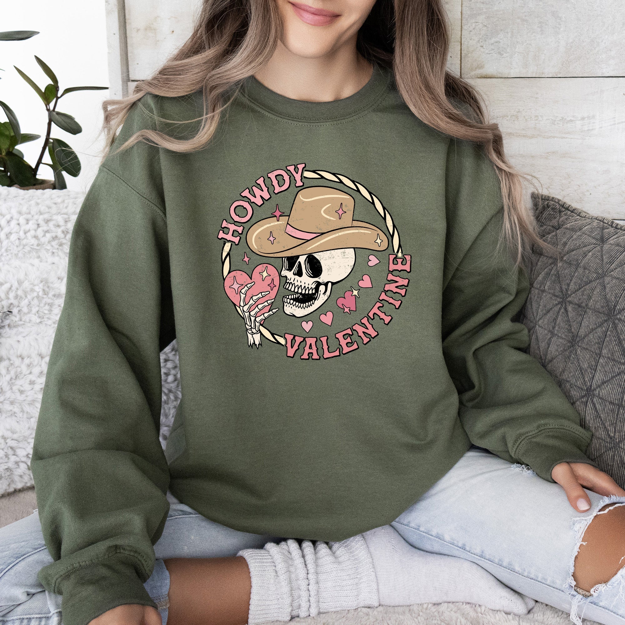 Howdy Valentine Skeleton Cowboy Western Country Festive Romance Graphic Sweatshirt