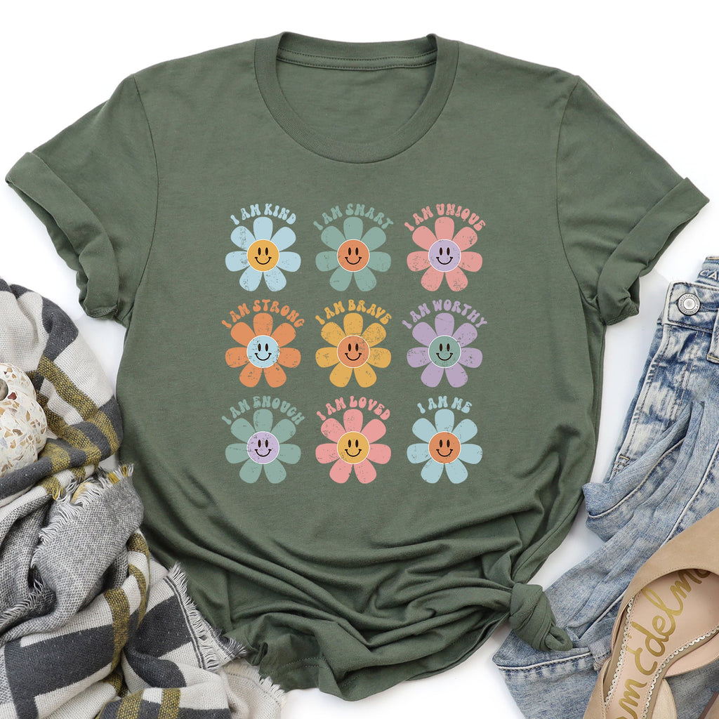 Positive Affirmations, Daisy, Retro Floral Quote Artwork Encouraging Confidence And Everyday Joy Graphic Tee
