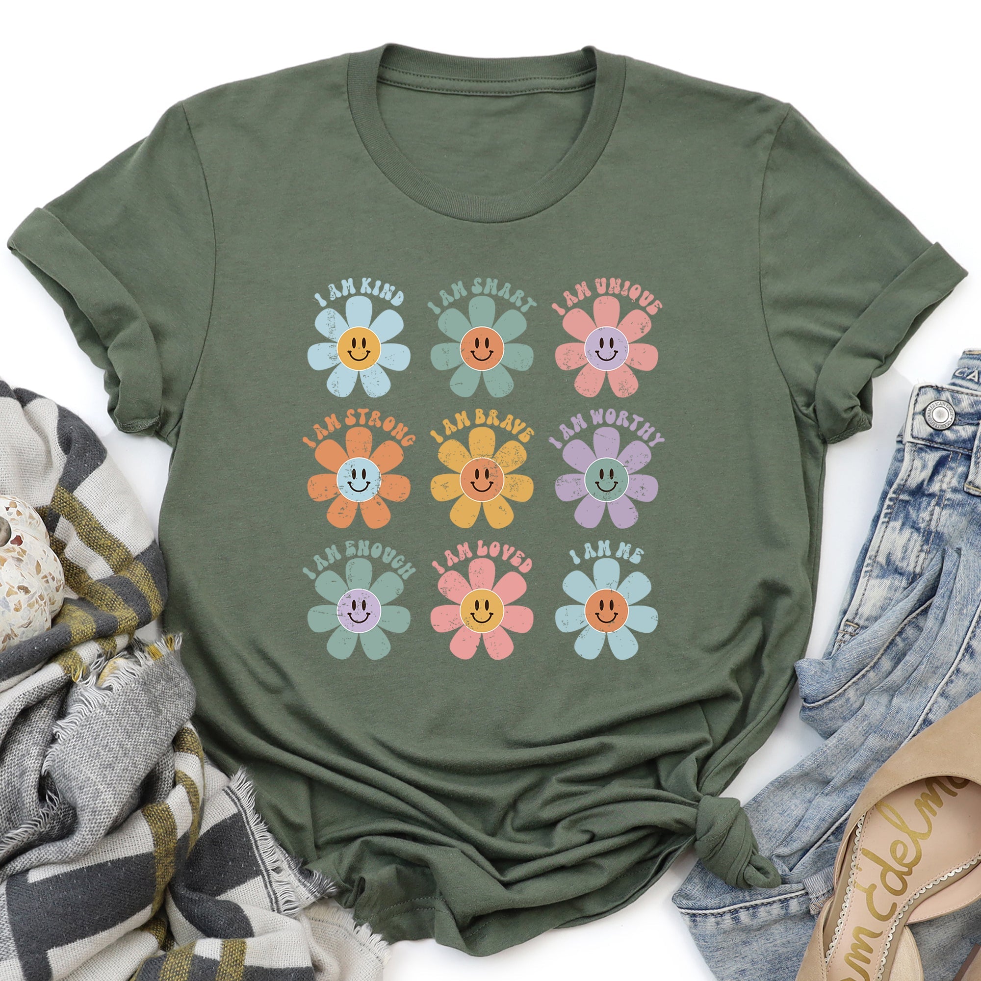 Positive Affirmations, Daisy, Retro Floral Quote Artwork Encouraging Confidence And Everyday Joy Graphic Tee