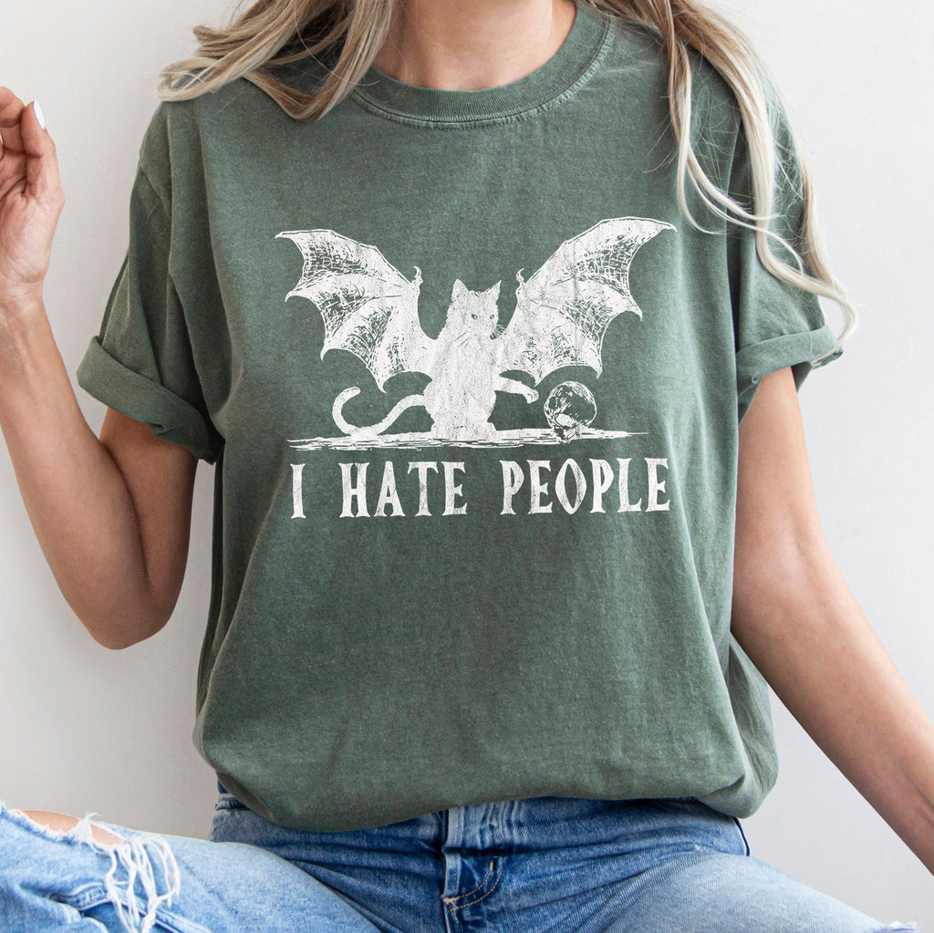 I Hate People Cat Bat Retro Halloween Graphic Design Limited Edition Comfort Colors Tee