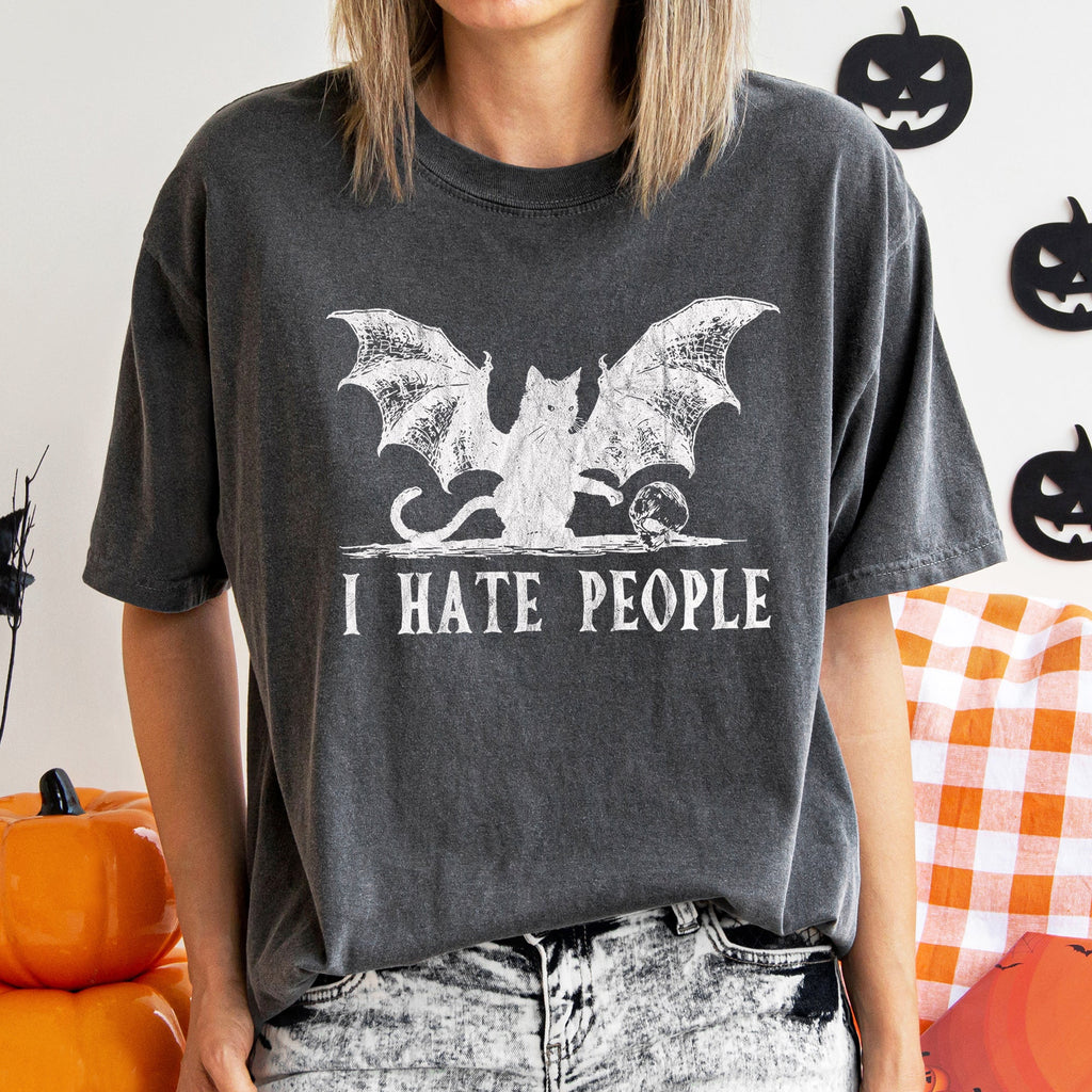 I Hate People Cat Bat Retro Halloween Graphic Design Limited Edition Comfort Colors Tee