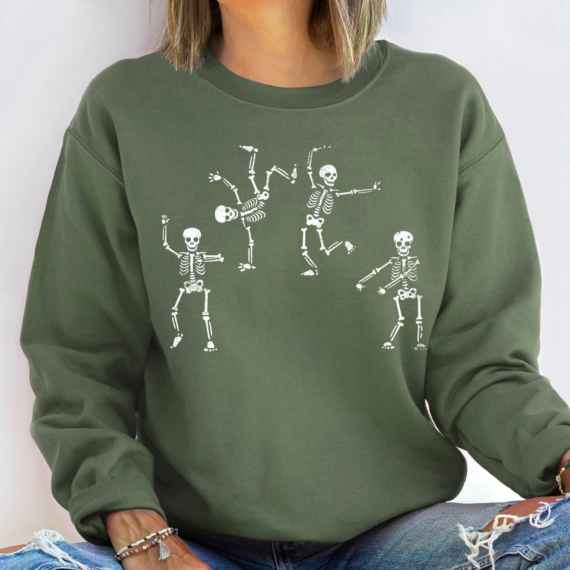 Jumping Skeletons Vintage Halloween Spooky Night Parade Illustration Limited Edition Sweatshirt