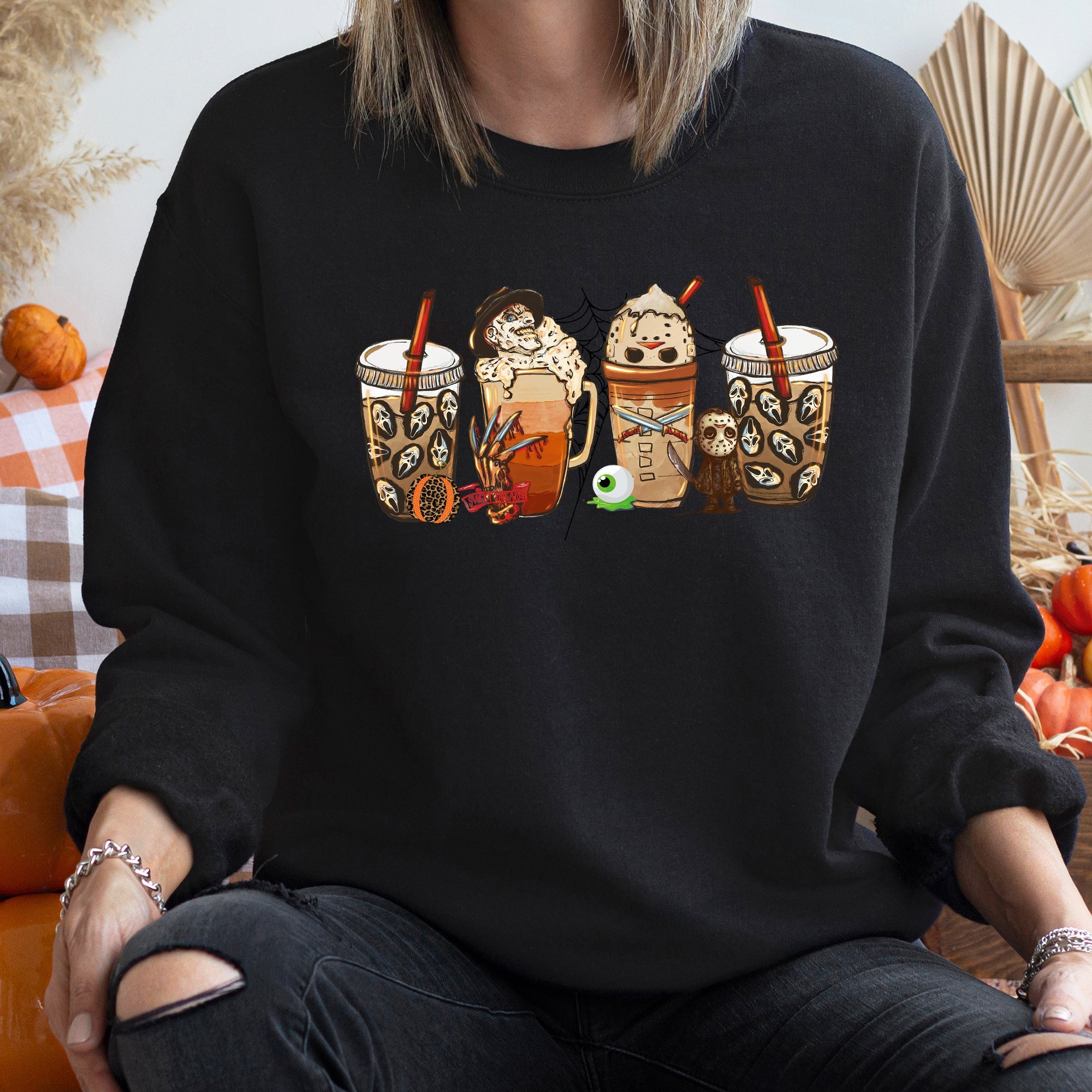 Horror Coffee Vintage Halloween Midnight Brew Ghostly Latte Nighttime Pumpkin Spookiness Sweatshirt