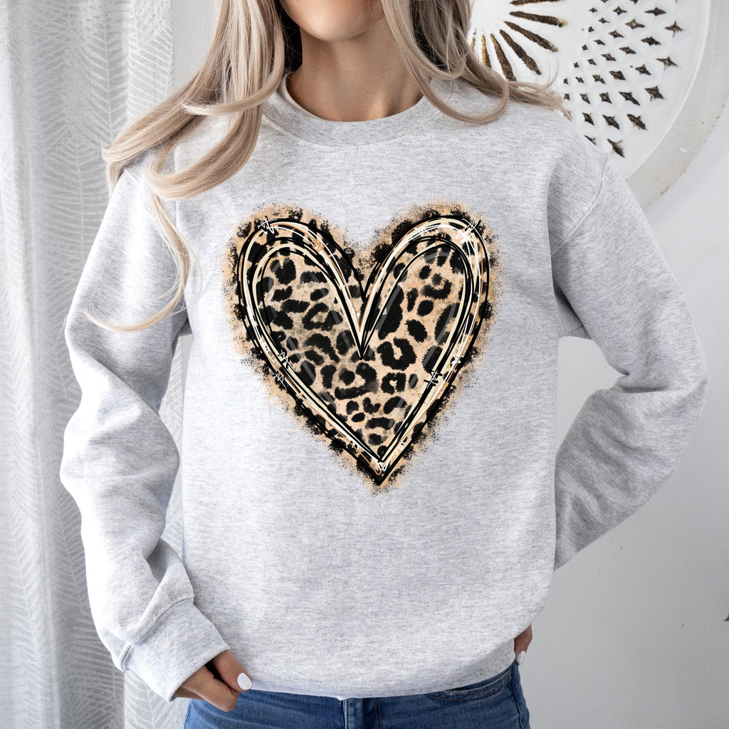 Leopard Print Heart Valentine's Day Cozy Warm Plush Fleece Premium Cotton Blend Soft Touch Graphic Sweatshirt