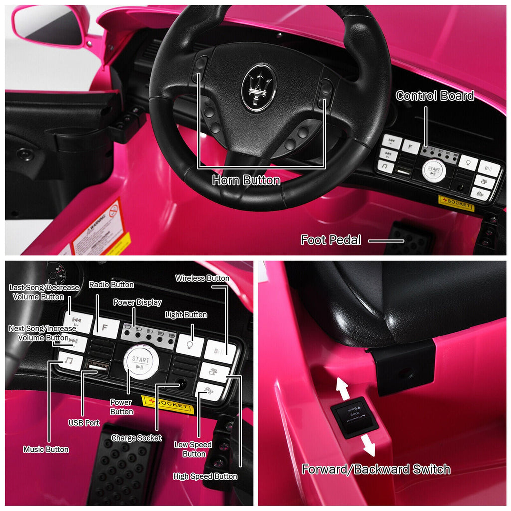 Licensed Pink Maserati GranCabrio 12V Ride On Car with Remote Control and Lights for Kids
