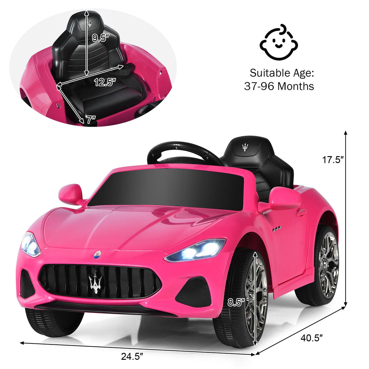 Licensed Pink Maserati GranCabrio Ride-On Car for Kids with Remote Control and Lights - 12V