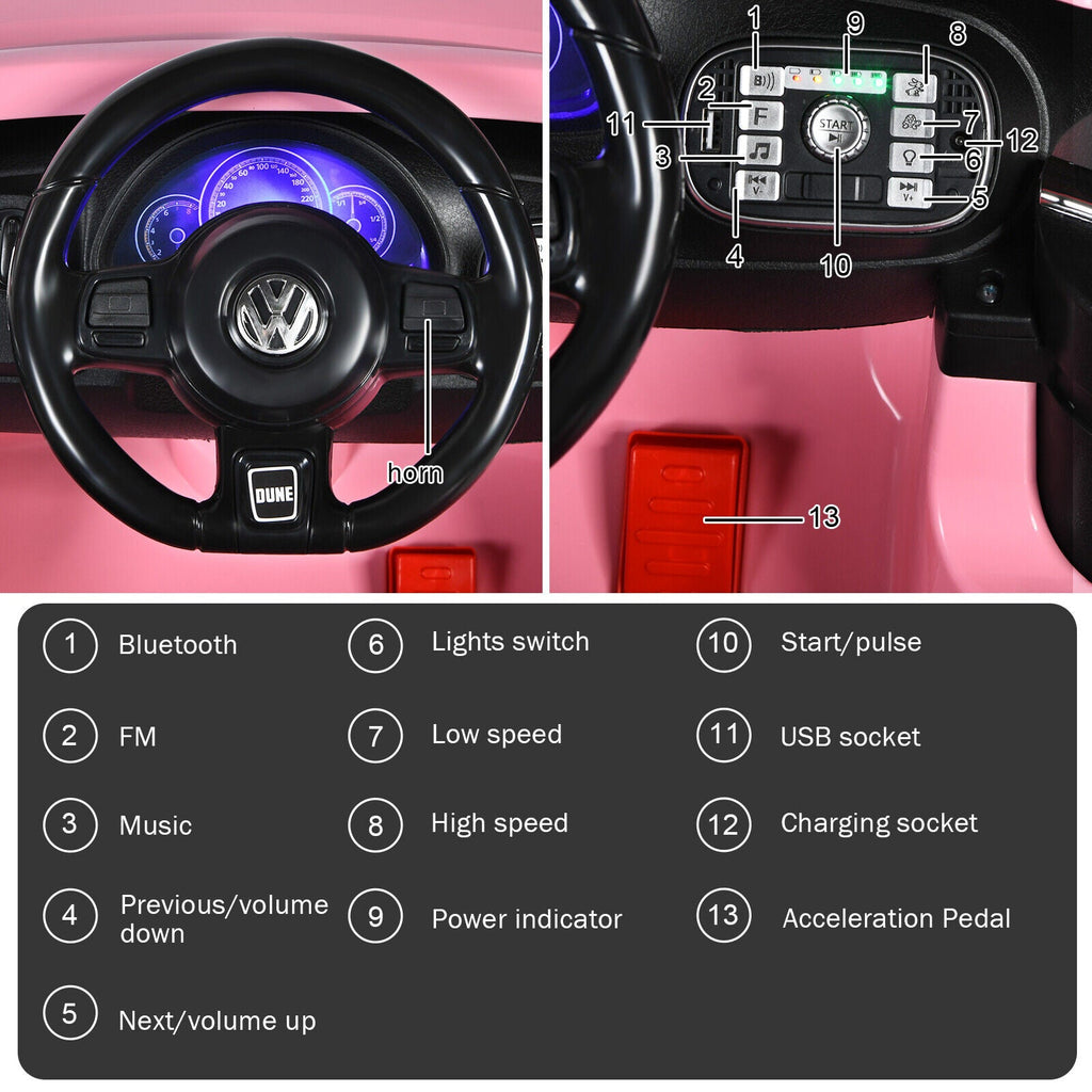 Licensed Pink Volkswagen Beetle Ride-On Car for Kids with Remote Control and Music - 12V