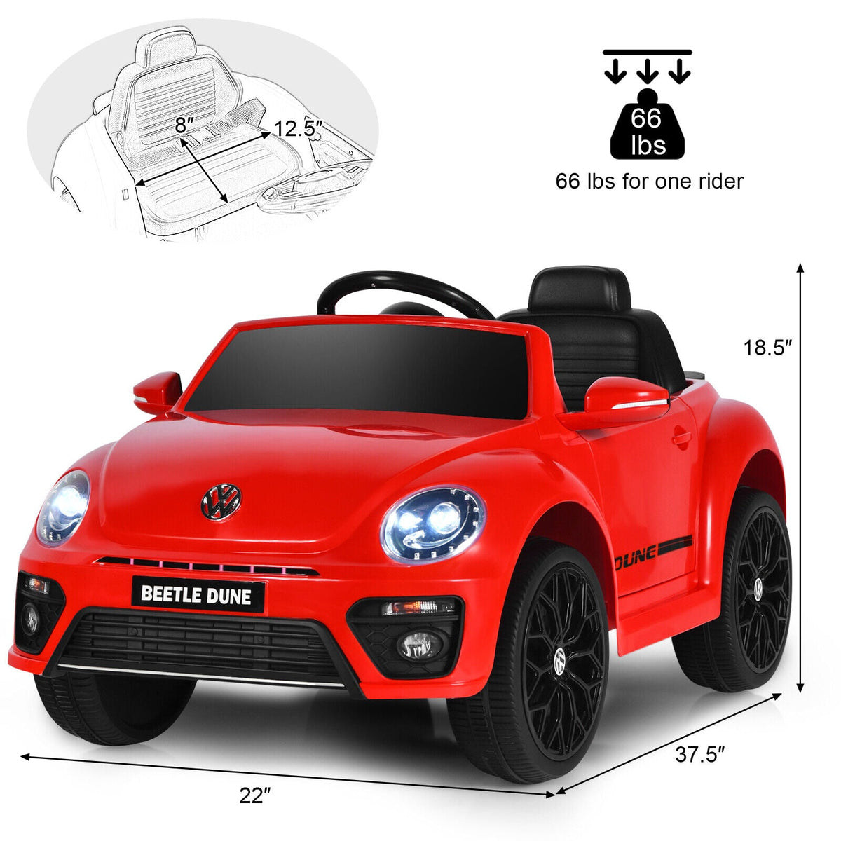 Licensed Volkswagen Beetle 12V Ride-On Car with Music & Remote Control - Red