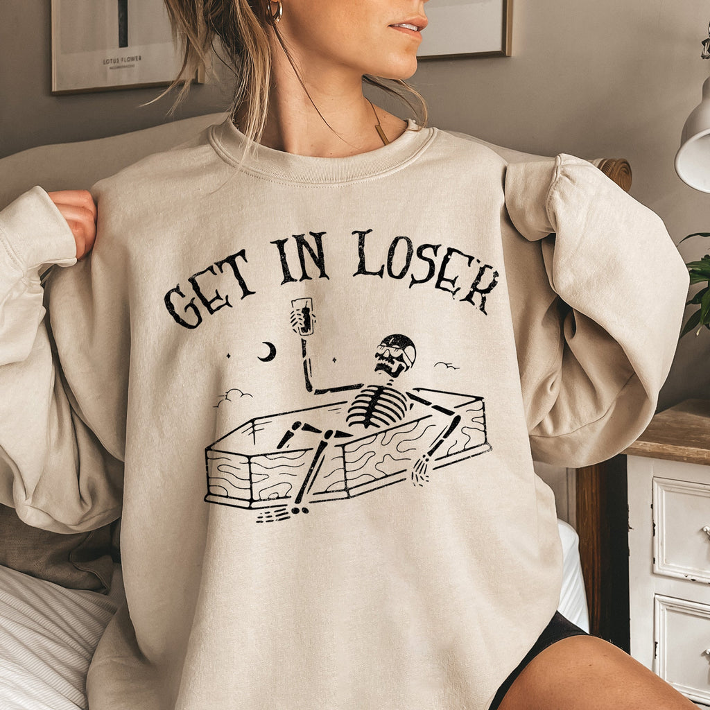 Get In Loser Skeleton Halloween Night Party Edition Cozy Fleece Vintage Gothic Style Sweatshirt