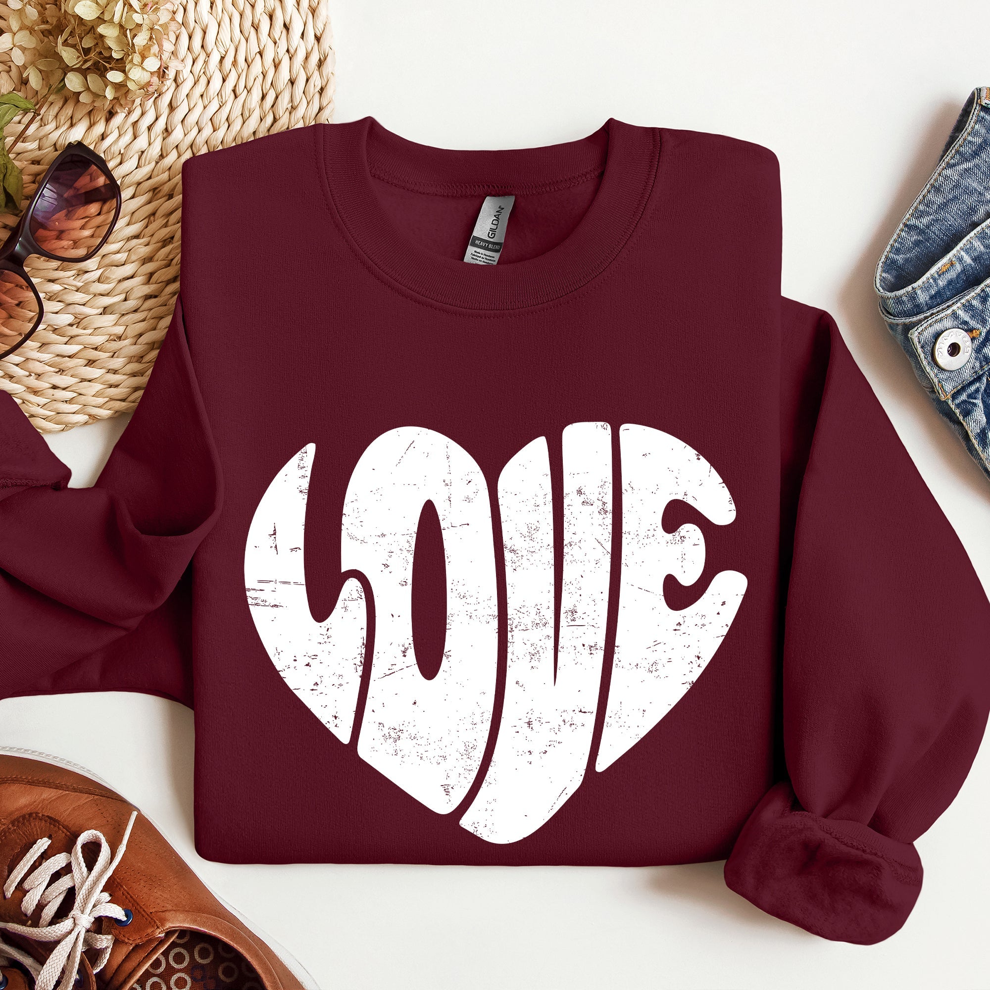 Retro Love Heart Vintage Valentine's Day Sweatshirt Cozy Fleece Warm Winter Classic Everyday Wear