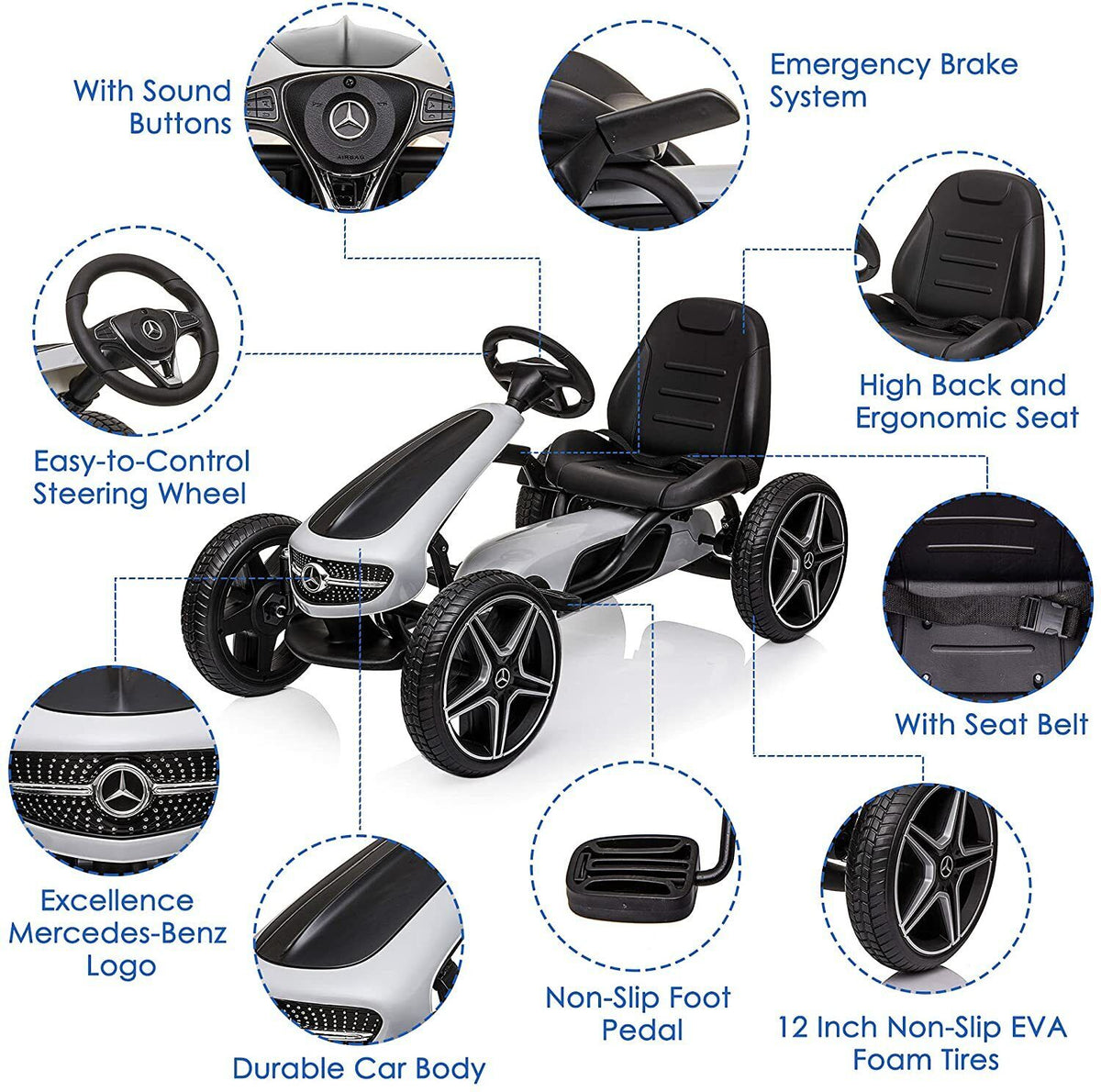 LUCKYERMORE Kids Pedal Go Kart Benz Racer Quad with Adjustable Seat for Outdoor Fun