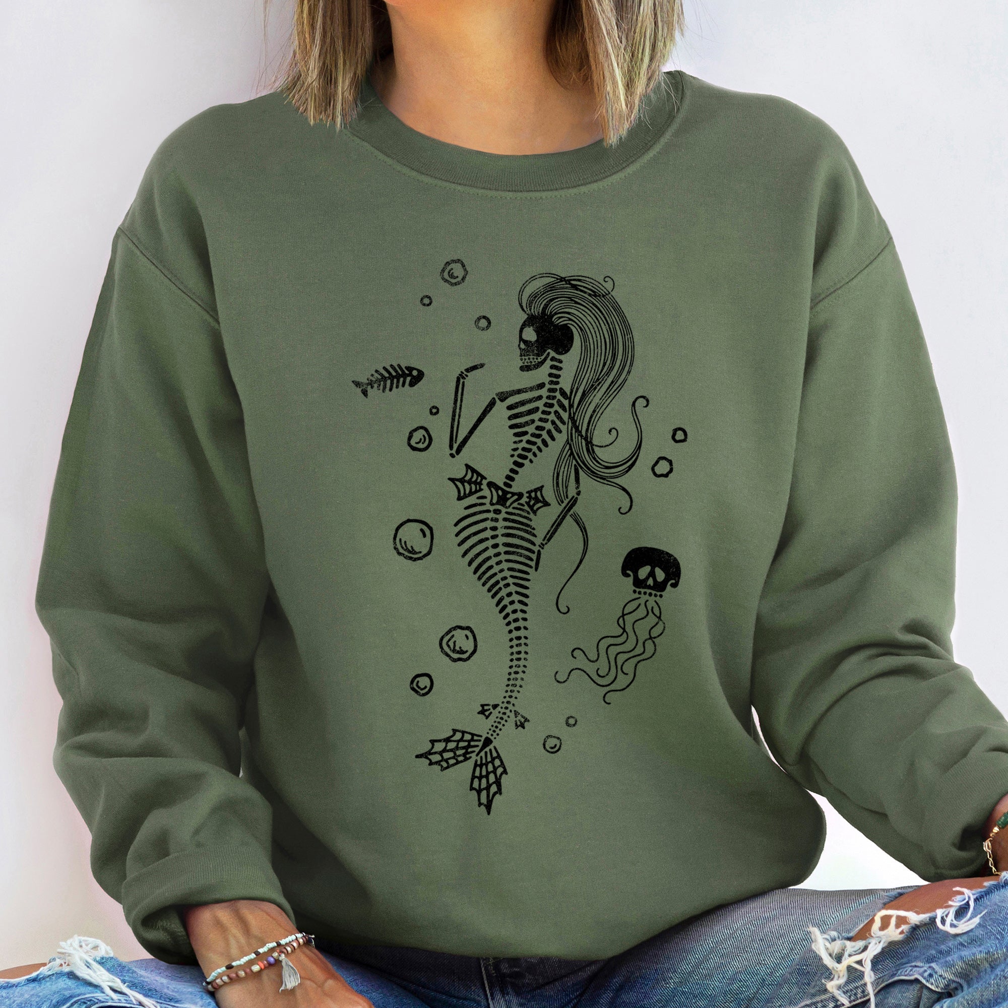 Mermaid Skeleton Jellyfish Underwater Fantasy Creature Illustration With Moonlit Waves And Coral Accents Sweatshirt