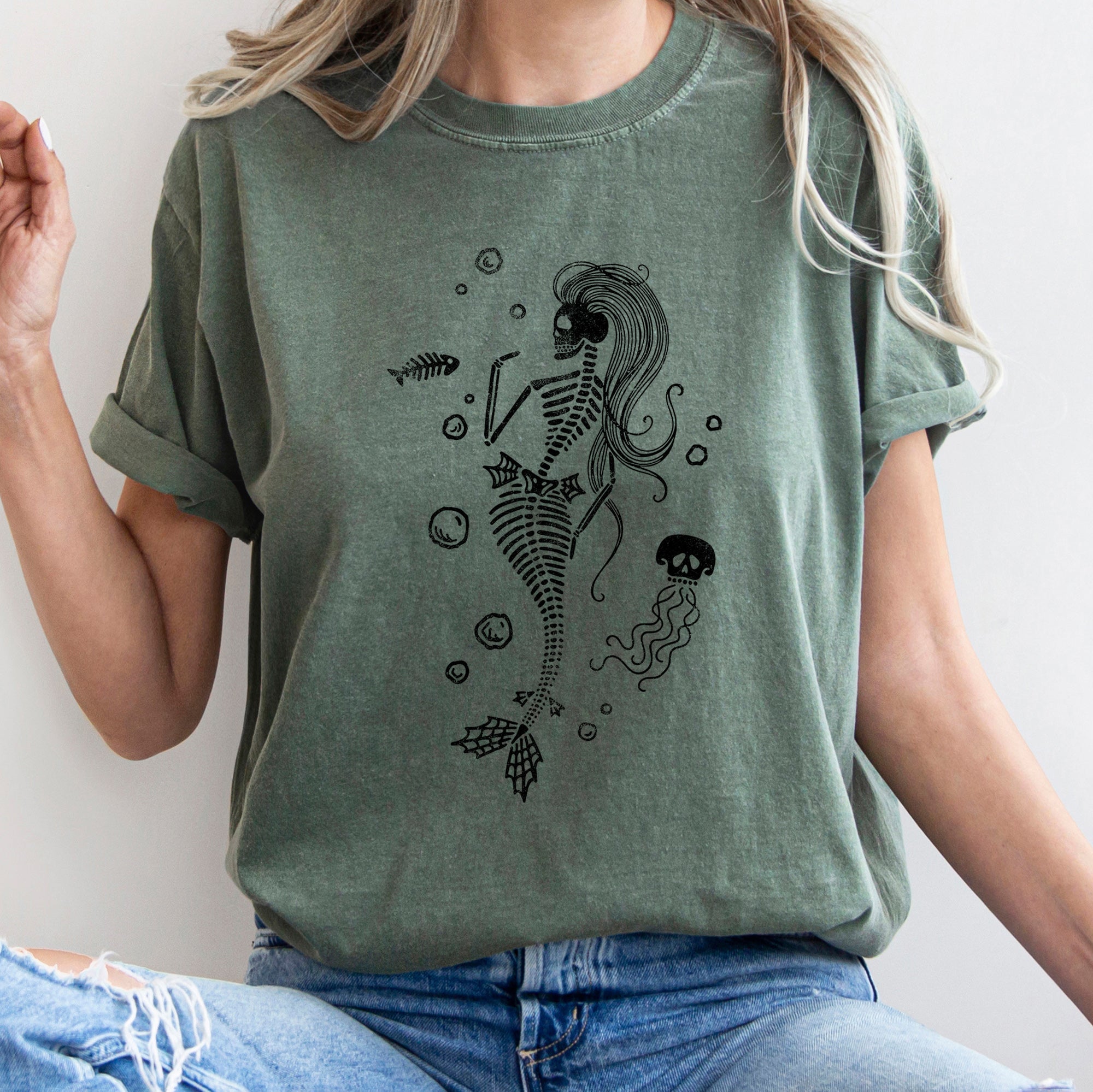 Mermaid Skeleton Jellyfish Retro Halloween Oceanic Nightscape Edition Comfort Colors Tee