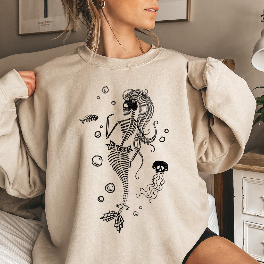 Mermaid Skeleton Jellyfish Underwater Fantasy Creature Illustration With Moonlit Waves And Coral Accents Sweatshirt