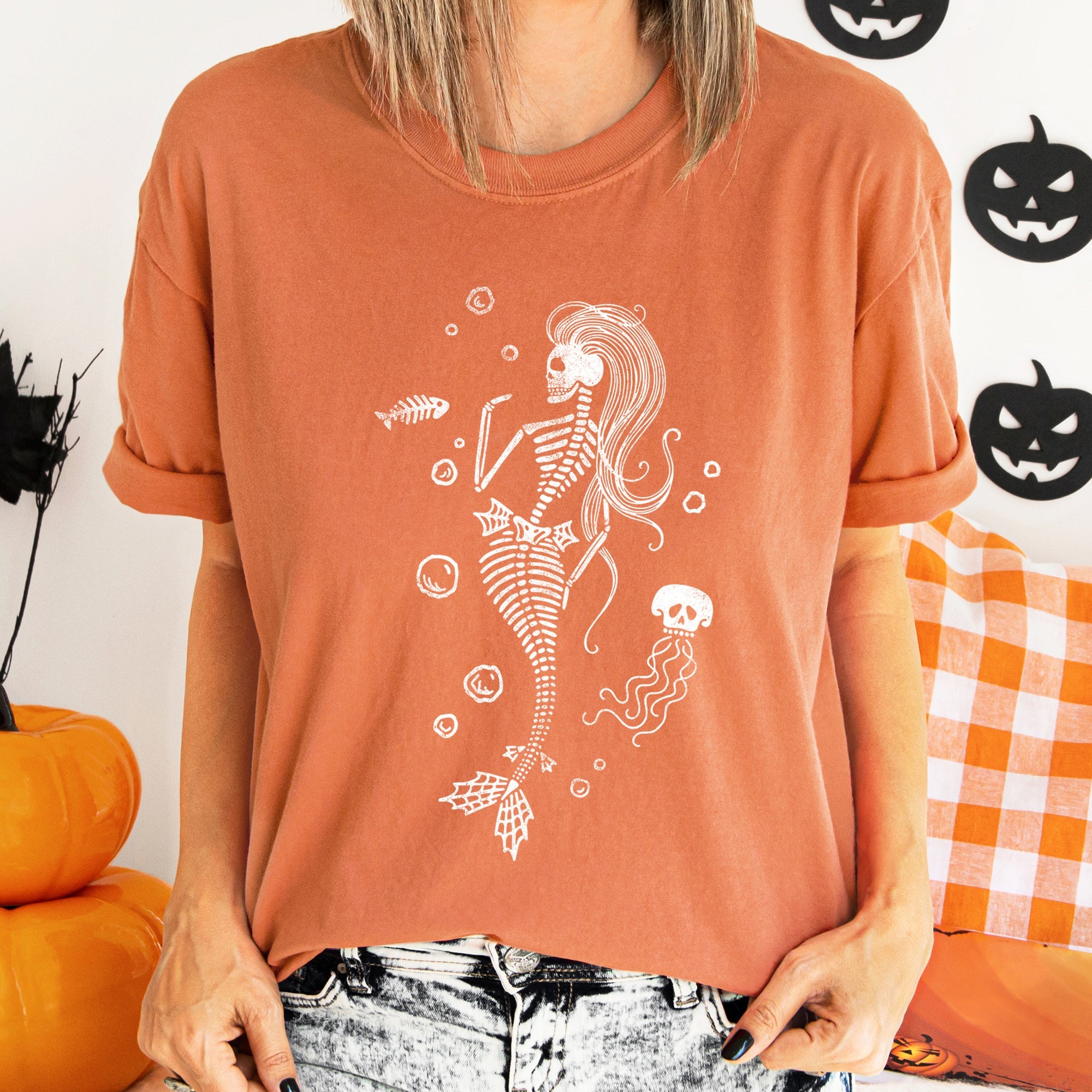 Mermaid Skeleton Jellyfish Retro Halloween Ocean Creature Illustration Comfort Colors Tee