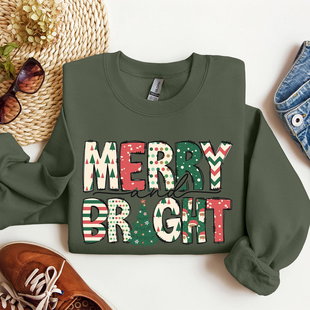 Merry And Bright Christmas Cheer Festive Holiday Lights Snowflake Motif Cozy Cotton Fleece Sweatshirt