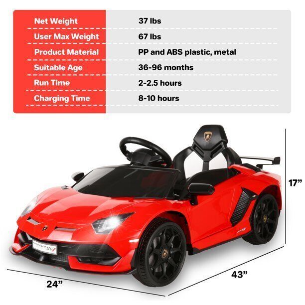 12V Lamborghini Electric Ride On Car for Kids with Remote Control and MP3 Player - Suitable for Boys and Girls