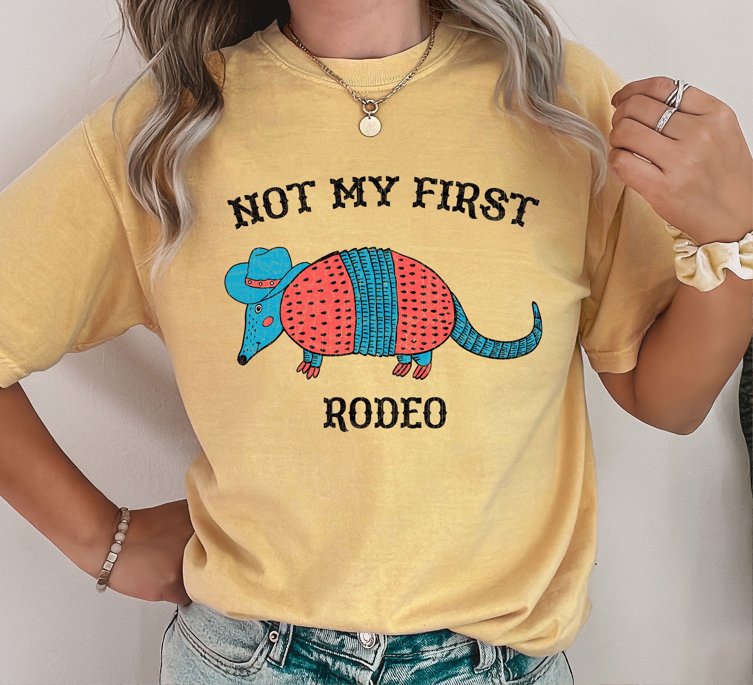 Not My First Rodeo Armadillo Graphic Illustration Featuring Western Humor For Everyday Wear Comfort Colors Tee