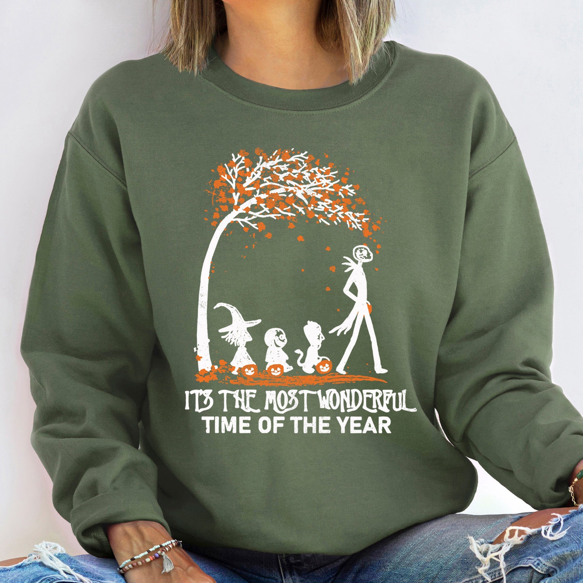 Orange Tree Vintage Halloween Spooky Autumn Night Scene With Pumpkins Bats And Owls Graphic Sweatshirt