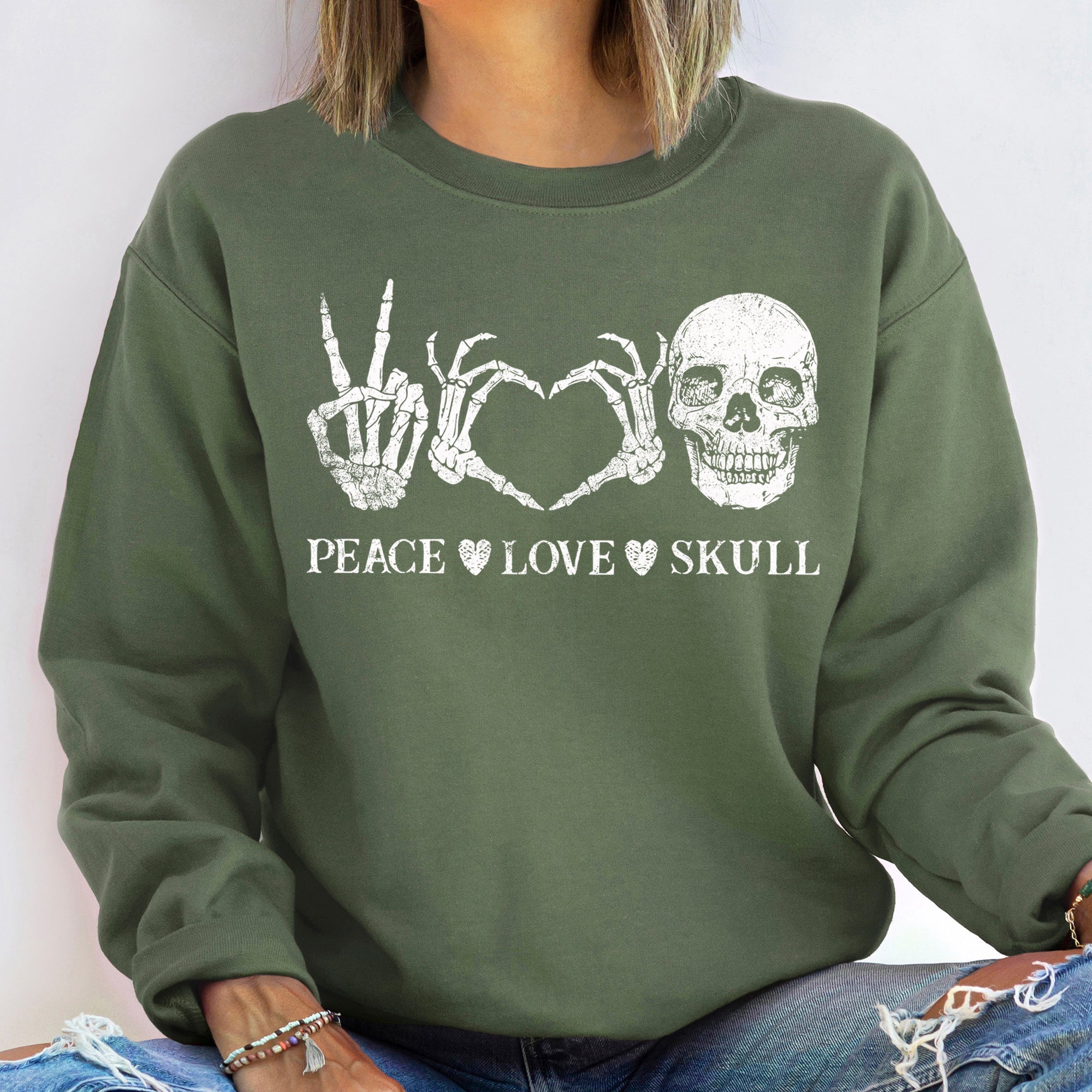 Peace Love Skull Halloween Graphic Illustration And Comfort Fit Design Sweatshirt