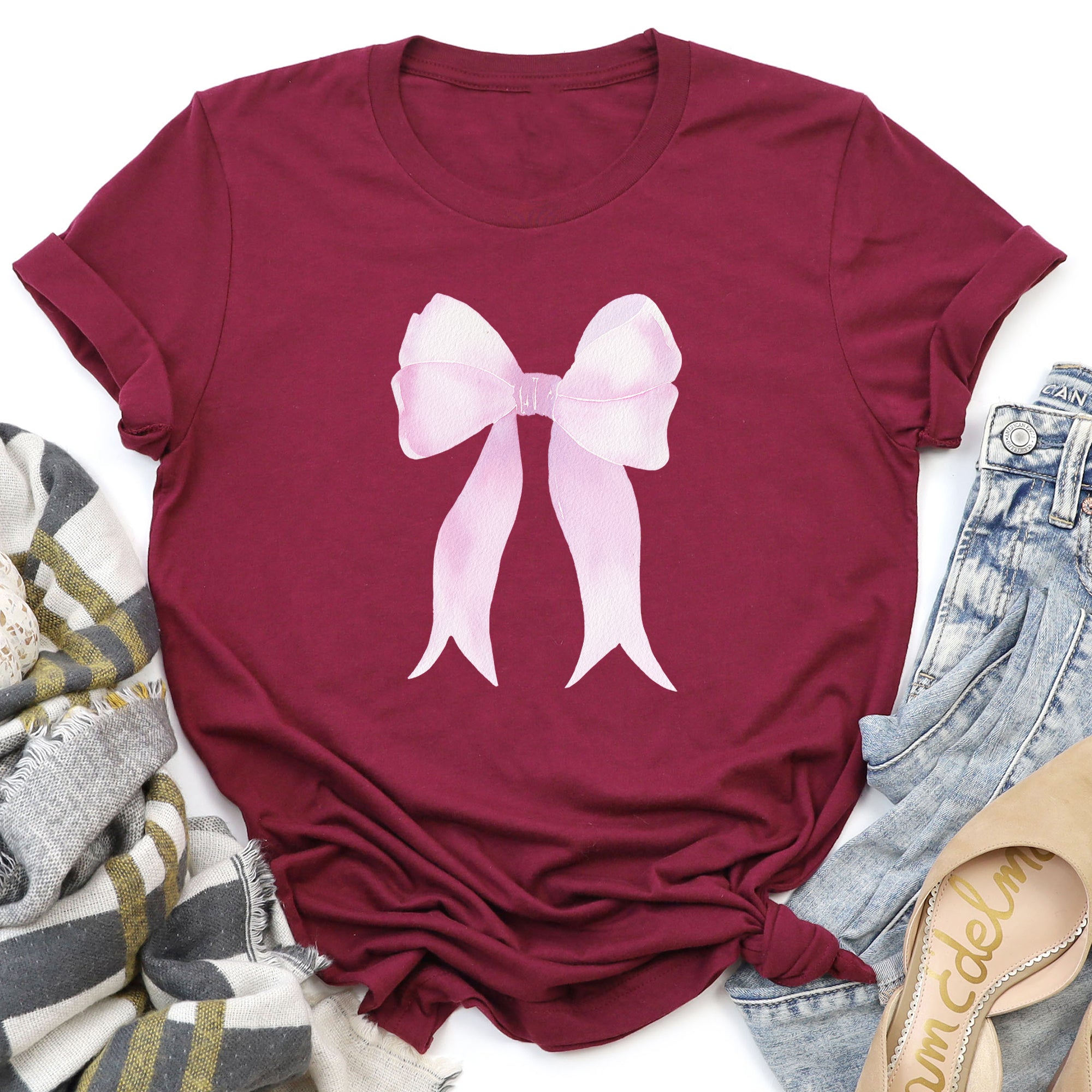 Pink Ribbon Coquette Bow Design Soft Look Valentine All Day Comfort Fabric Graphic Tee