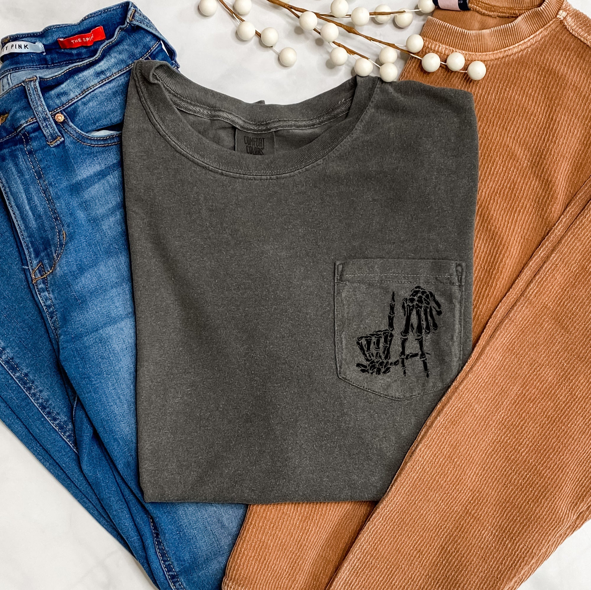 Skeleton Halloween Pocket Classic Skeleton Graphic Haunted Night Illustration Comfort Colors Tee